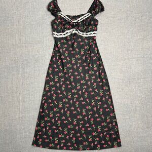 Milkmade Babydoll Lace Floral Fit Flare Dress Cottagecore Coquette Black Pink XS